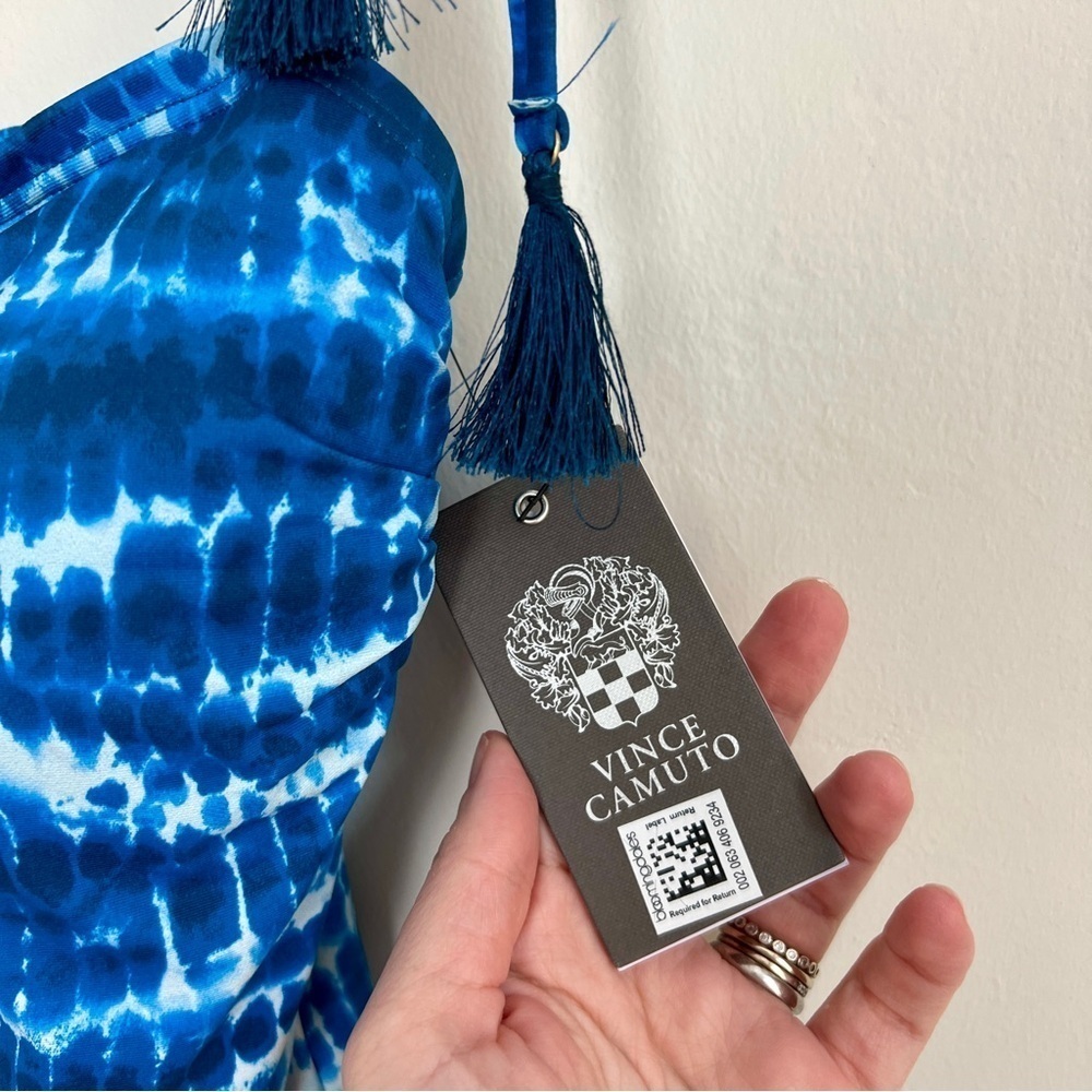 NEW Vince Camuto Blue Tie Dye V Wire Tassels Tie Bow Strap One Piece Swimsuit 4 - Picture 7 of 11